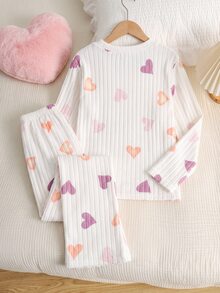 Tween Girl Simple Elegant Heart Print Fuzzy Ribbed Crew Neck Long Sleeve Pants Casual Comfortable Loungewear 2 Pieces Set - Purple - View 2
