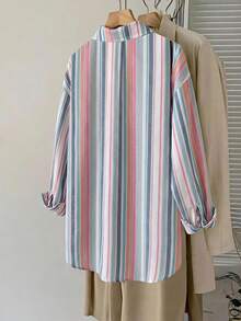 SHEIN LUNE Plus Size Casual Striped Shirt, Autumn Fall - Multicolor - View 2