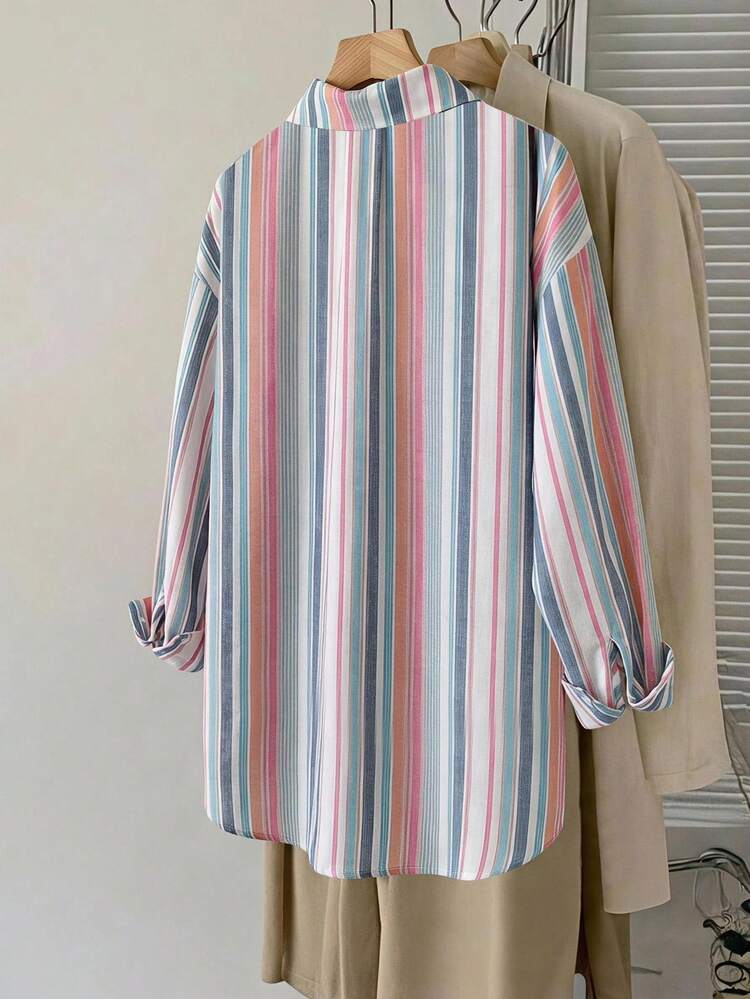 SHEIN LUNE Camisa de rayas casual talla grande, otoño - Multicolor - Añade 2