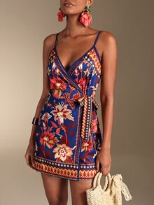 SHEIN Swim 女士度假休闲热带印花系带吊带裹身裙 - 藍色 - 查看 6