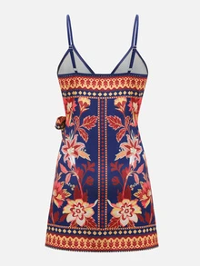 SHEIN Swim 女士度假休闲热带印花系带吊带裹身裙 - 藍色 - 查看 7