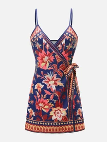 SHEIN Swim 女士度假休闲热带印花系带吊带裹身裙 - 藍色 - 查看 3