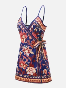 SHEIN Swim 女士度假休闲热带印花系带吊带裹身裙 - 藍色 - 查看 8