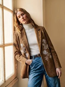 SHEIN 棕色仿麂皮精緻3D刺繡西裝外套 - 棕色 - 查看 5