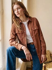 Florisole Women's Solid Color Single-Breasted Casual Versatile Daily Wear Shirt - Brown - View 2
