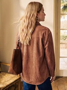 Florisole Women's Solid Color Single-Breasted Casual Versatile Daily Wear Shirt - Brown - View 3