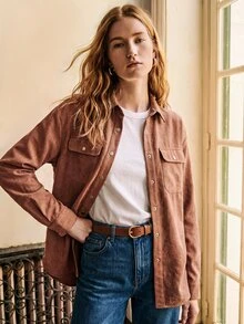 Florisole Women's Solid Color Single-Breasted Casual Versatile Daily Wear Shirt - Brown - View 5