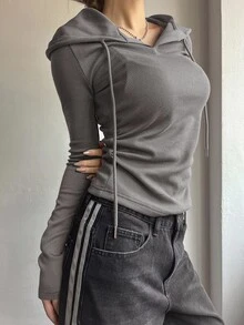 Dazy Star 女款素色抽繩連帽長袖T恤，秋季校園服飾 - 淺灰色 - 查看 3