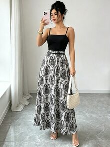Franclia 女款印花無袖洋裝 黑白拼接色塊 休閒優雅 度假風 晚餐派對 夏季 - 黑與白 - 查看 3