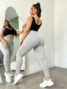 SHEIN Sports Plus Size Women's Letter Waistband Sports Tight Leggings - Light Grey - View 5