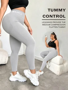 SHEIN Sports Plus Size Women's Letter Waistband Sports Tight Leggings - Light Grey - View 2