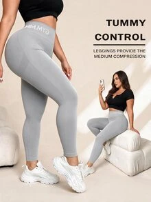 SHEIN Sports Plus Size Women's Letter Waistband Sports Tight Leggings - Light Grey - View 1