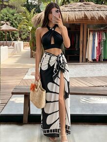 SHEIN Swim SwimOasis 女款黑色交叉肩帶鏤空上衣與比基尼泳褲，搭配印花圖案網紗長裙，優雅夏季海灘度假套裝 - 彩色 - 查看 6