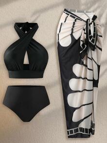 SHEIN Swim SwimOasis 女款黑色交叉肩帶鏤空上衣與比基尼泳褲，搭配印花圖案網紗長裙，優雅夏季海灘度假套裝 - 彩色 - 查看 8
