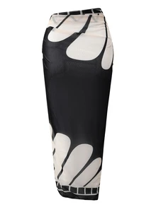 SHEIN Swim SwimOasis 女款黑色交叉肩帶鏤空上衣與比基尼泳褲，搭配印花圖案網紗長裙，優雅夏季海灘度假套裝 - 彩色 - 查看 4