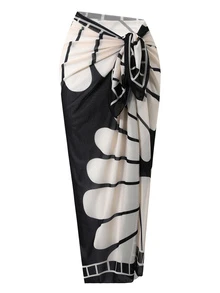 SHEIN Swim SwimOasis 女款黑色交叉肩帶鏤空上衣與比基尼泳褲，搭配印花圖案網紗長裙，優雅夏季海灘度假套裝 - 彩色 - 查看 3