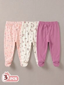 SHEIN 3pcs/Set Newborn Baby Girl Cute Footie Pants Solid Color Floral Mini Print Spring/Autumn Pink - Multicolor - View 2