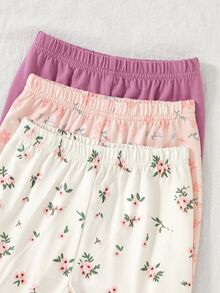 SHEIN 3pcs/Set Newborn Baby Girl Cute Footie Pants Solid Color Floral Mini Print Spring/Autumn Pink - Multicolor - View 6