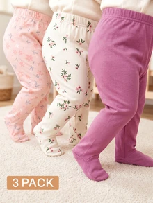 SHEIN 3pcs/Set Newborn Baby Girl Cute Footie Pants Solid Color Floral Mini Print Spring/Autumn Pink - Multicolor - View 1