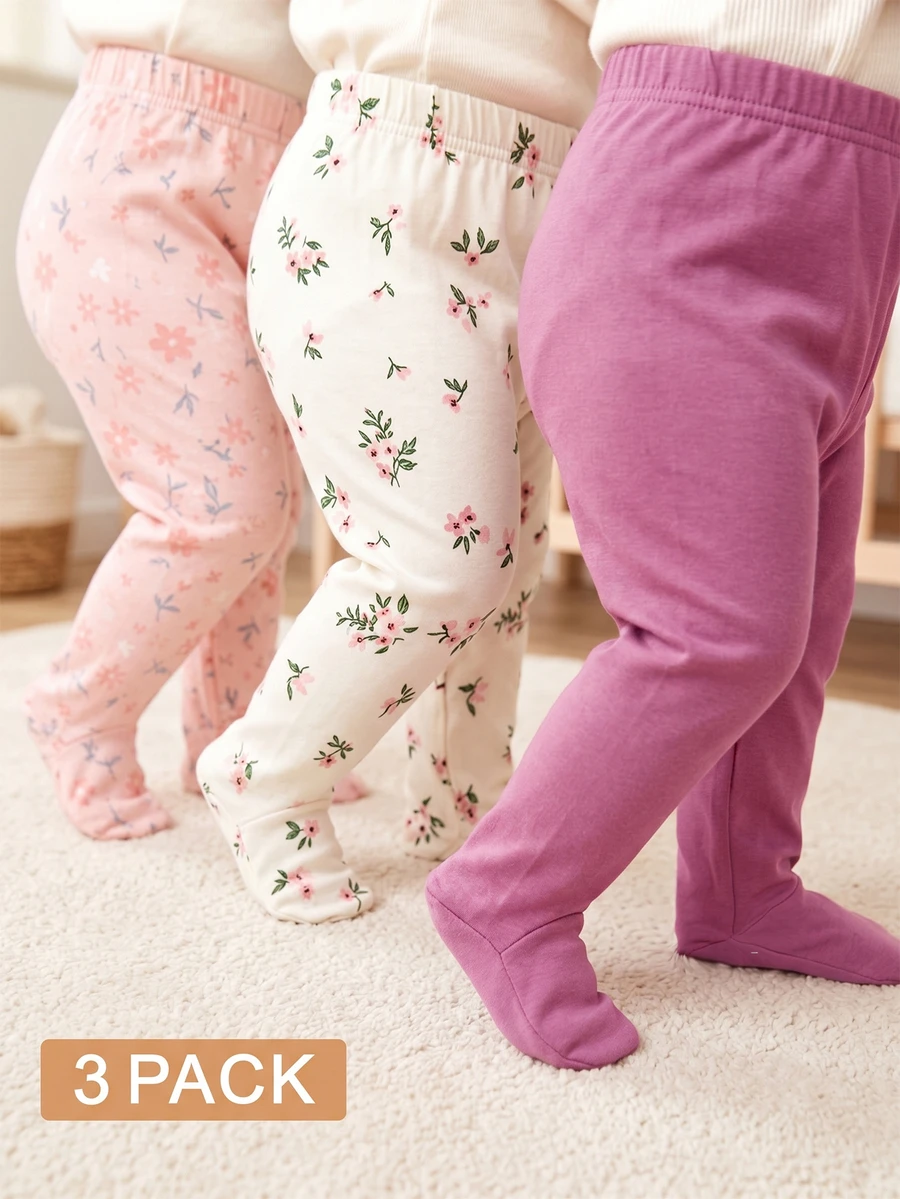 SHEIN 3pcs/Set Newborn Baby Girl Cute Footie Pants Solid Color Floral Mini Print Spring/Autumn Pink - Multicolor - View 1