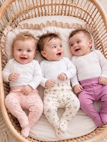 SHEIN 3pcs/Set Newborn Baby Girl Cute Footie Pants Solid Color Floral Mini Print Spring/Autumn Pink - Multicolor - View 3