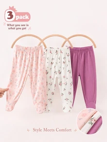 SHEIN 3pcs/Set Newborn Baby Girl Cute Footie Pants Solid Color Floral Mini Print Spring/Autumn Pink - Multicolor - View 9