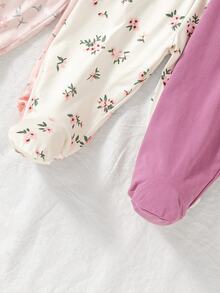 SHEIN 3pcs/Set Newborn Baby Girl Cute Footie Pants Solid Color Floral Mini Print Spring/Autumn Pink - Multicolor - View 7