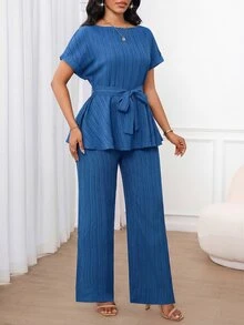SHEIN Lady 女士纯色休闲优雅通勤提花面料两件套，宽松腰身A字下摆，短袖上衣搭配宽松直筒裤，适合春、夏、秋季穿着，可作度假装、女士办公室装、返校装、教堂装、外出装、机场通勤装等。 - 寶藍色 - 查看 6