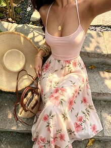 Franclia 女款印花無袖洋裝 粉色花卉拼色 休閒熱帶風 歐式浪漫優雅 度假度假派對早午餐 夏季 - 粉色 - 查看 3