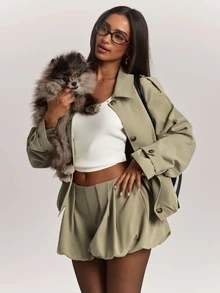 SHEIN BAE 女款時尚百搭百褶燈籠短褲 街頭風辣妹風 - 卡其色 - 查看 7