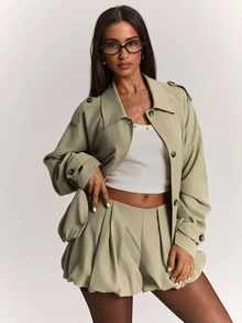 SHEIN BAE 女款時尚百搭百褶燈籠短褲 街頭風辣妹風 - 卡其色 - 查看 4