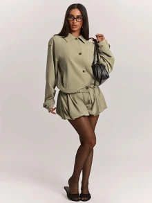 SHEIN BAE 女款時尚百搭百褶燈籠短褲 街頭風辣妹風 - 卡其色 - 查看 1