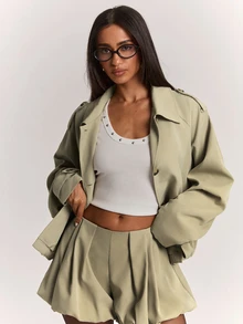 SHEIN BAE 女款時尚百搭百褶燈籠短褲 街頭風辣妹風 - 卡其色 - 查看 3