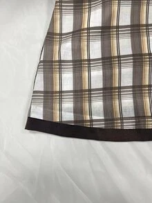 SHEIN 复古格纹V领收腰性感露脐上衣 - 卡其色 - 查看 3