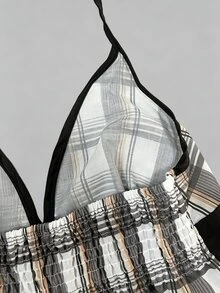 SHEIN 复古格纹V领收腰性感露脐上衣 - 卡其色 - 查看 5