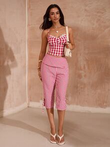 Opulessa Vacation Woven Plaid Cropped Pants - Red - View 5