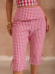 Opulessa Vacation Woven Plaid Cropped Pants - Red - View 1