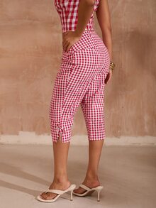 Opulessa Vacation Woven Plaid Cropped Pants - Red - View 4