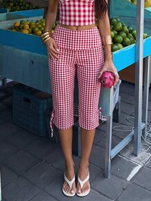 Opulessa Vacation Woven Plaid Cropped Pants - Red - View 6