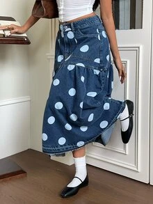 Rivivi Petite 女款時尚鈕扣口袋波點印花牛仔中長裙 - 深色水洗藍 - 查看 6