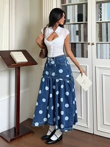 Rivivi Petite 女款時尚鈕扣口袋波點印花牛仔中長裙 - 深色水洗藍 - 查看 7