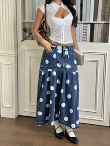Rivivi Petite 女款時尚鈕扣口袋波點印花牛仔中長裙 - 深色水洗藍 - 查看 3