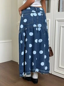 Rivivi Petite 女款時尚鈕扣口袋波點印花牛仔中長裙 - 深色水洗藍 - 查看 2