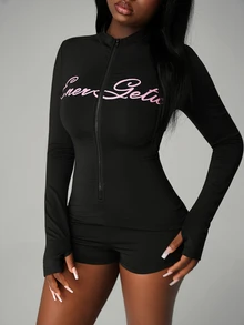 Nooralise Women's Casual Sporty Print Long Sleeve Fitted Jumpsuit - Black - View 6