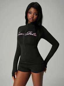 Nooralise Women's Casual Sporty Print Long Sleeve Fitted Jumpsuit - Black - View 7