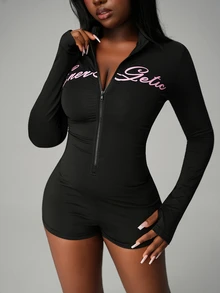 Nooralise Women's Casual Sporty Print Long Sleeve Fitted Jumpsuit - Black - View 8