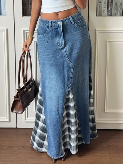 Rivivi Women's Plaid Patchwork Denim Skirt