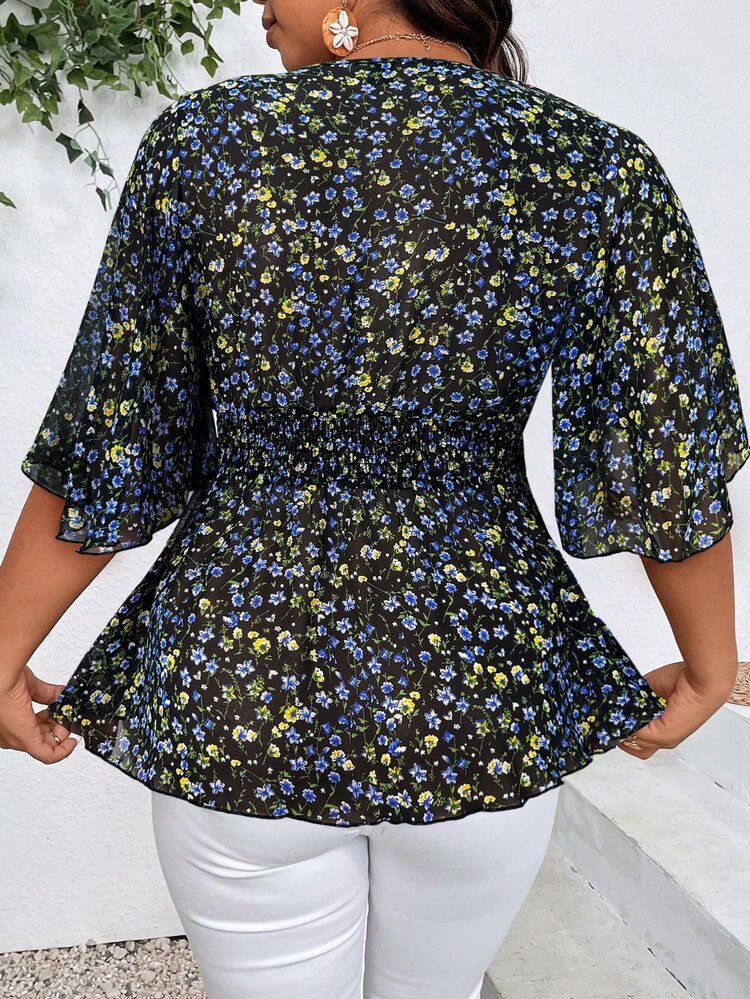Breezaya Plus Size Boho Casual Ditsy Floral Blouse Peplum Top, For Summer - Black - View 3