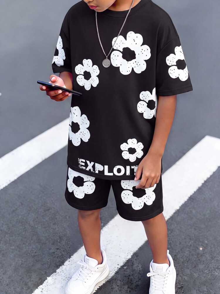 2pcs Teen Boy Casual Short Sleeve Black T-Shirt And Black Shorts Set, Street Style Punk Rock Academy, Suitable For Spring/Summer, Valentine's Day, School, Family Gathering, Back To School, Wedding Season, Sports, Birthday Party - Black - View 4