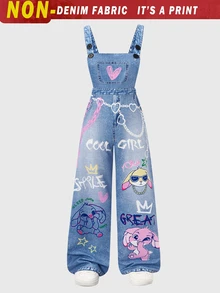 SHEIN Sparklyn 少女针织星形印花背带裤，时尚返校季单品，春、夏、秋季个性服饰 - 藍色 - 查看 4